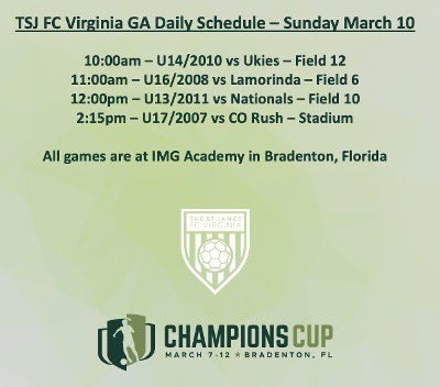 🗓️ Sunday March 10 
Champions Cup Schedule <a href="/GAcademyLeague/">Girls Academy</a> 

Come watch us compete! 👀 📝