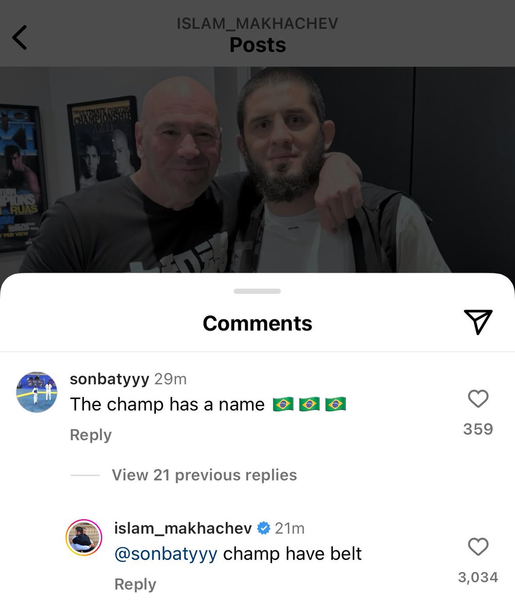 Islam Makhachev replied to a Charles Oliveira fan under his Instagram post: Fan: “the champ has a name 🇧🇷🇧🇷🇧🇷” Islam: “champ have belt” 😂 #UFC #MMA