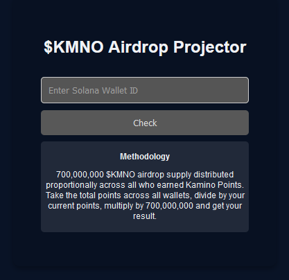 If you're wondering what your $KMNO airdrop from <a href="/KaminoFinance/">Kamino</a> would be if the snapshot were to happen today, here you go. I was bored so I built a bot to calculate it for you.

kaypi.live/api/kmno

Thanks to <a href="/Auxic2/">Taicho Digital Trapper</a> for catching the extra zero. :D