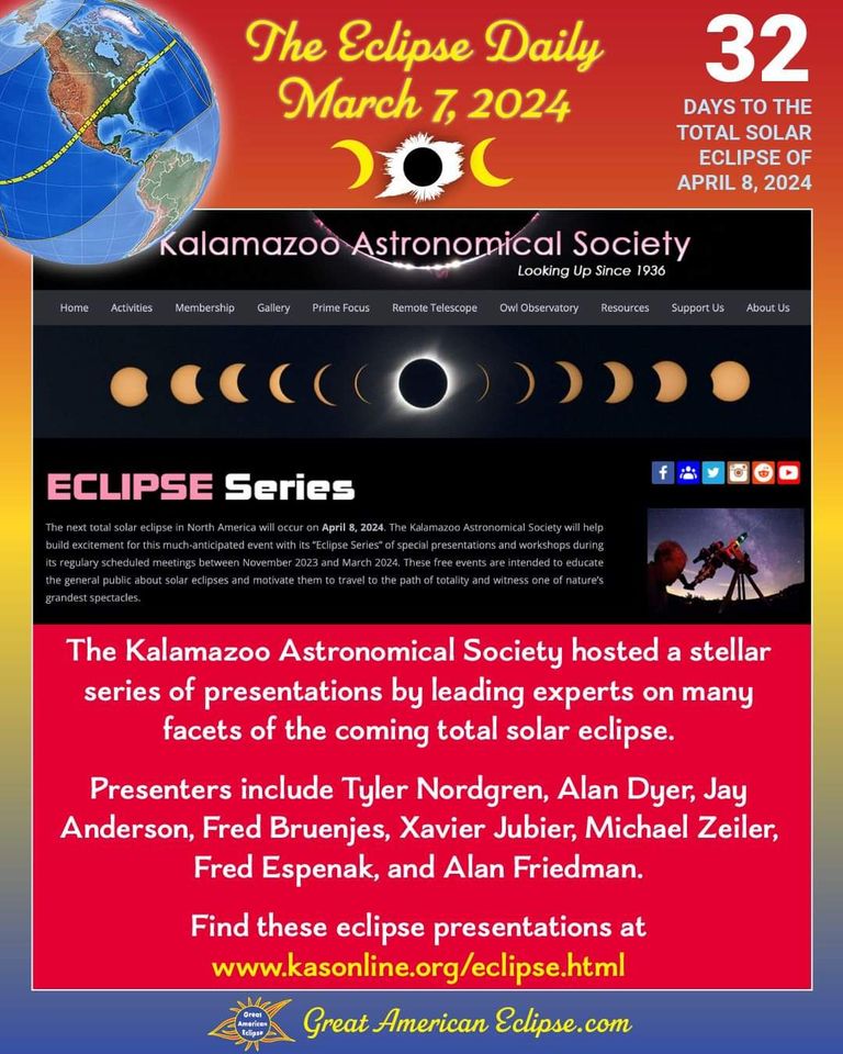 SoJulioGaravito's tweet image. La  Sociedad Astronómica de Kalamazoo en Michigan organiza una  impresionante serie de presentaciones sobre el eclipse solar total del 8  de abril.  Vea estas presentaciones en  kasonline.org/eclipse.html o búsquelas en YouTube.
#eclipse2024 #eclipsedaily