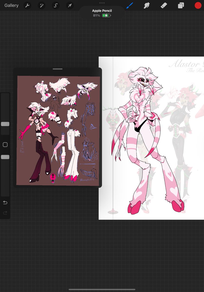 The first one is what I was working on when I did the first Alastor design, and the second one is hoe my new one is coming along! Designing his clothes is gonna be hell, but he’ll look killer! #HazbinHotel #HazbinHotelFanart #HazbinHotelAngelDust #angeldust #wipart