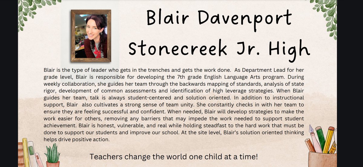 I'm very excited and honored to be named one of the 2024 Teacher of the Year for my school district! #kernTOY24 #PBVUSD #StonecreekStampede #Stonecreek #teacher