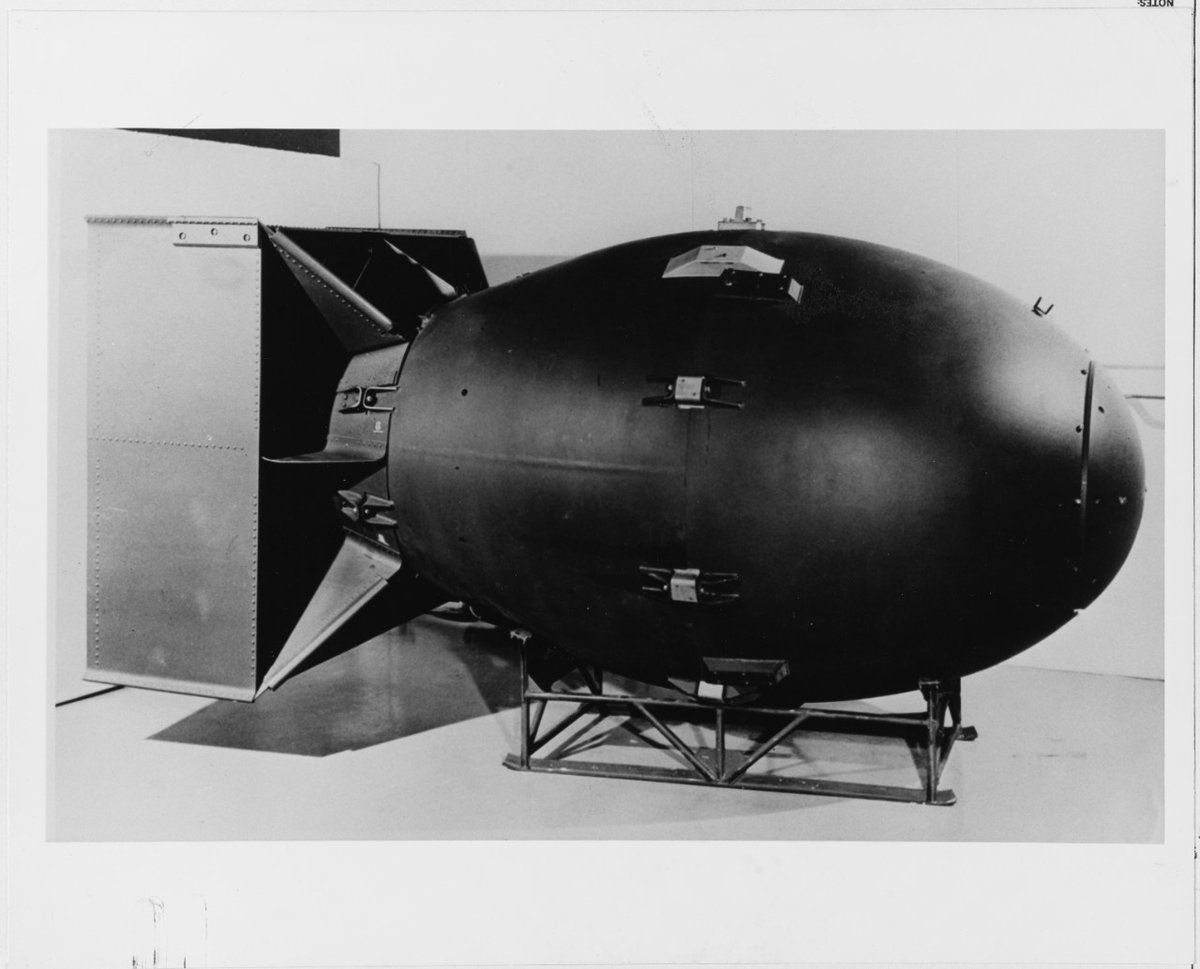 The 'Fat Man' atomic bomb, similar to the one detonated over Nagasaki, Japan, on 9 August 1945. The bomb is 60 inches in diameter and 128 inches long. It weighed about 10,000 pounds and had a yield equivalent to approximately 20,000 tons of high explosive. bit.ly/3wsPoCH