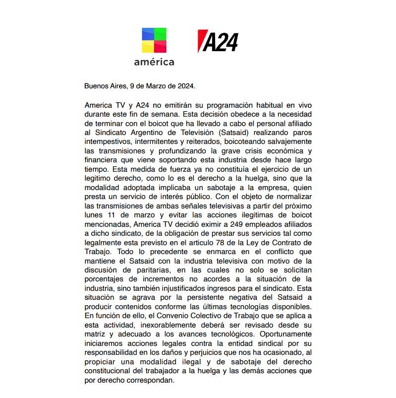 Grupo América (Vila - Manzano) despidió a 249 empleados por los paros del Sindicato kirchnerista de Televisión. Todos ellos, responden al SATSAID. La empresa denuncia boicot. La realidad, es que América TV y América 24 eran medios adictos a la pauta oficial. Eso se terminó.