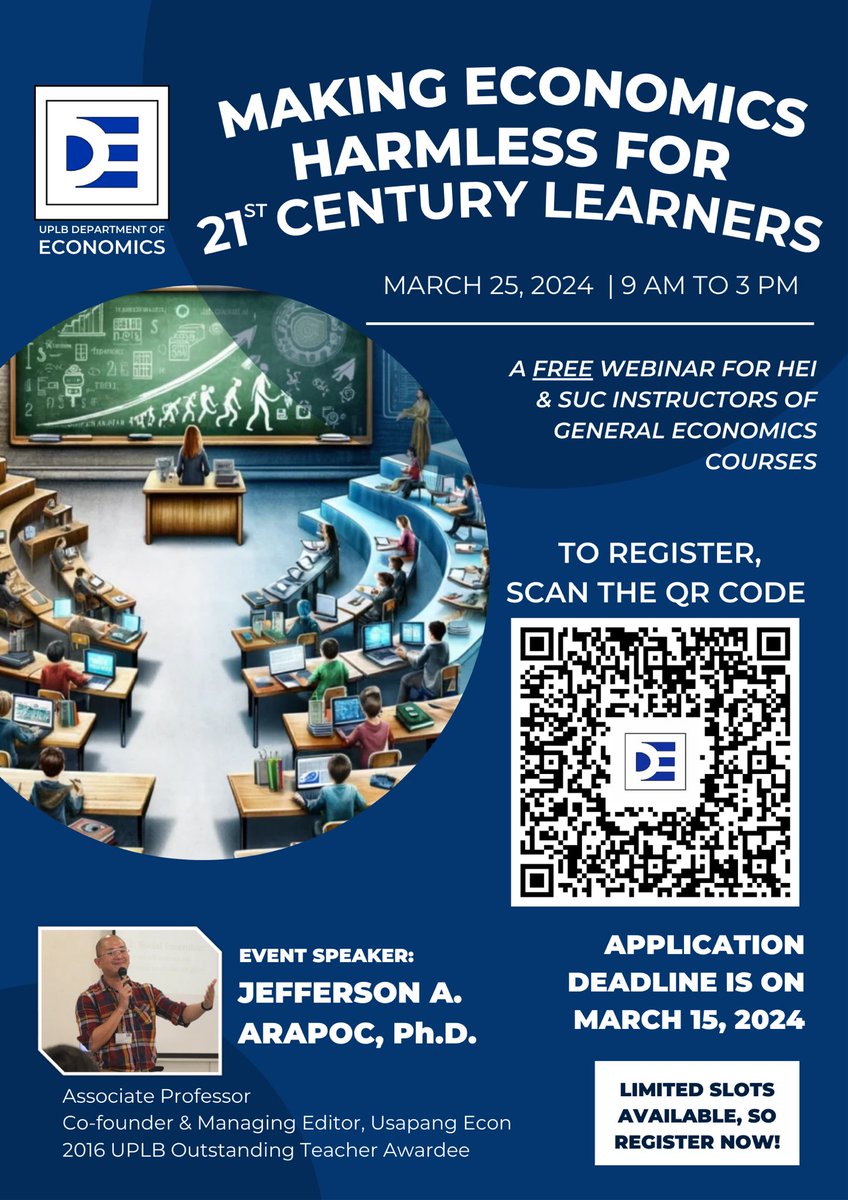 Making Economics Harmless for 21st Century Learners is a FREE webinar tailored for HEI and SUC instructors who teach General Economics courses!

Apply on or before March 15, 2024, to secure your spot! Use the link below to apply: 🔗 tinyurl.com/HarmlessEcon20…

#EconomicsForThePeople