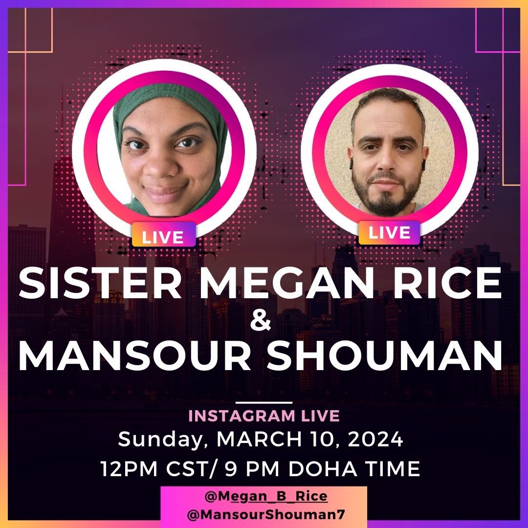 Assalam alaykum, 

Join me with our amazing Sister Megan Rice on Instagram Live on Sunday March 10 at 12 pm Central time / 9pm Doha time. 

 I am really looking forward to catching up with my sister Megan!

 #firesidechat #gaza #palestine #catchingupwithmansour #MeganRice…