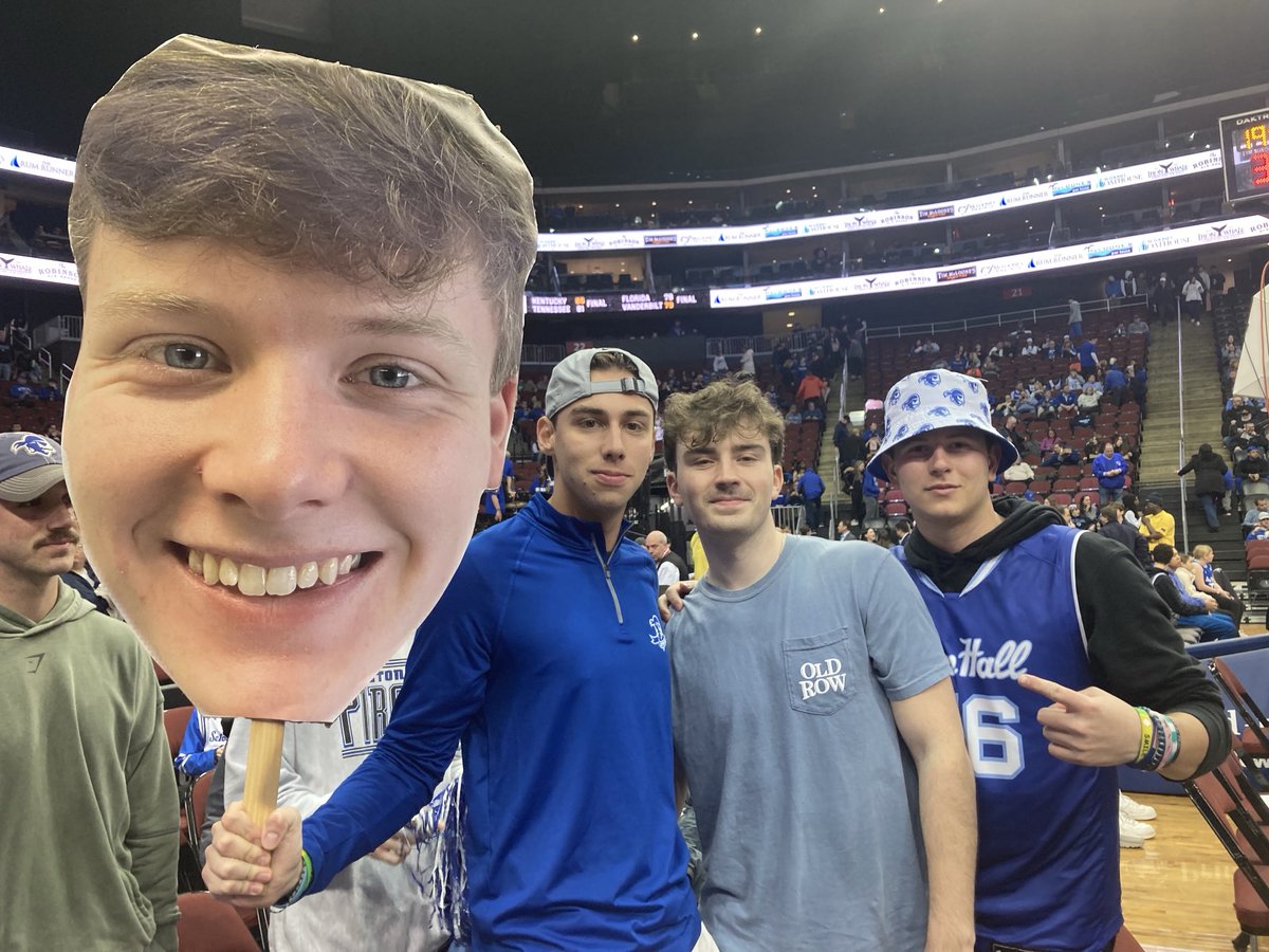 NJHoopsHaven's tweet photo. It’s Senior Night for the managers too. Aidan Lippincott, Seton Hall’s head manager, has his own student-section fathead. Nobody grinds like managers — the backbone of college basketball. https://t.co/V7TLO2942m