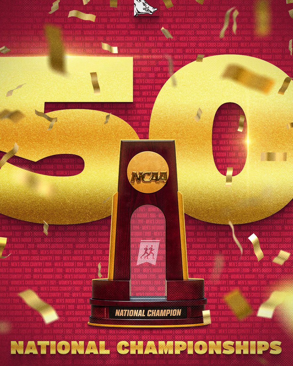 ArkRazorbacks's tweet photo. Total combined @NCAATrackField Championships

50 - @RazorbackTF 
49
48
47
46
45
44
43
42
41
40
39
38
37
36
35
34
33
32 or less - Everybody Else https://t.co/CcPwAsmpEB