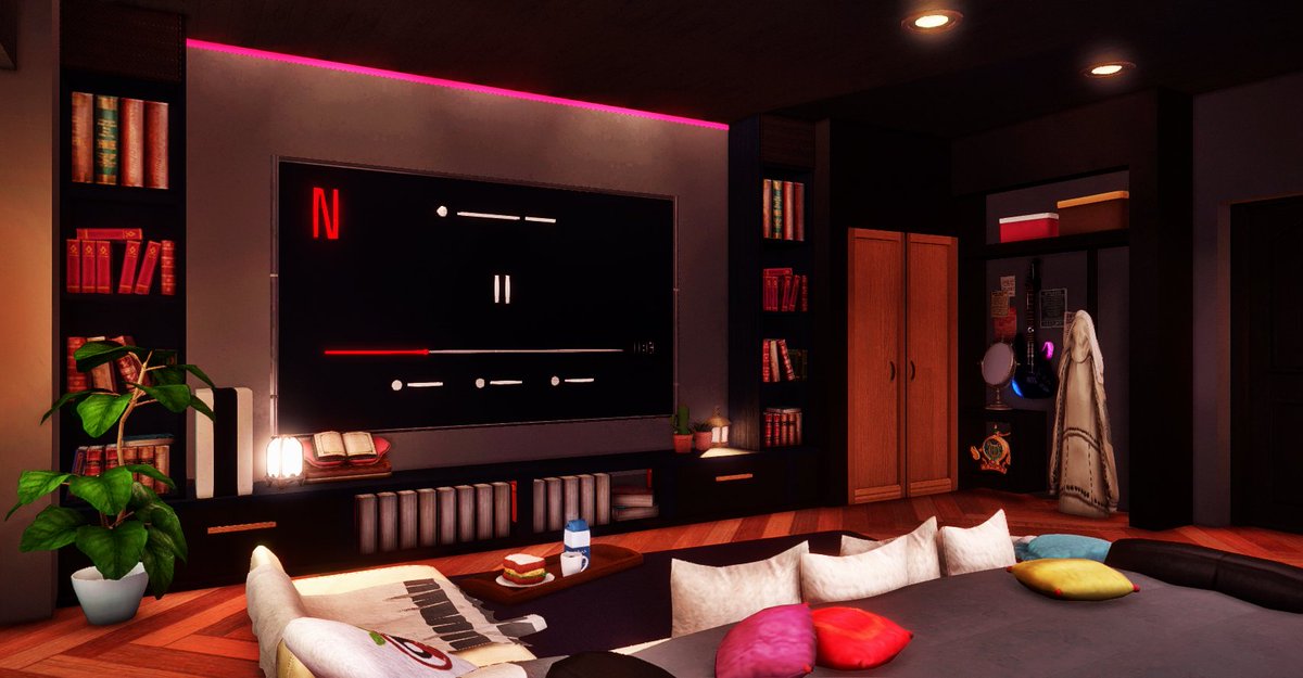 val__ffxiv's tweet photo. [Small] "Are you still watching?" Because you and your boyfriend ain't. I made your boyfriends bedroom with a custom made netflix screen on pause. Was fun to try, its great for movie nights too! 
#FFXIVHousing #FinalFantasyXIV #hgxiv #ff14 #ff14ハウジング #FFXIV #HousingEden https://t.co/ATaNaSRqwS