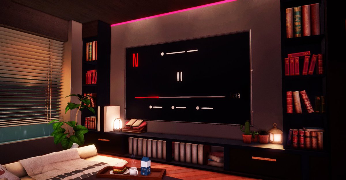 val__ffxiv's tweet photo. [Small] "Are you still watching?" Because you and your boyfriend ain't. I made your boyfriends bedroom with a custom made netflix screen on pause. Was fun to try, its great for movie nights too! 
#FFXIVHousing #FinalFantasyXIV #hgxiv #ff14 #ff14ハウジング #FFXIV #HousingEden https://t.co/ATaNaSRqwS
