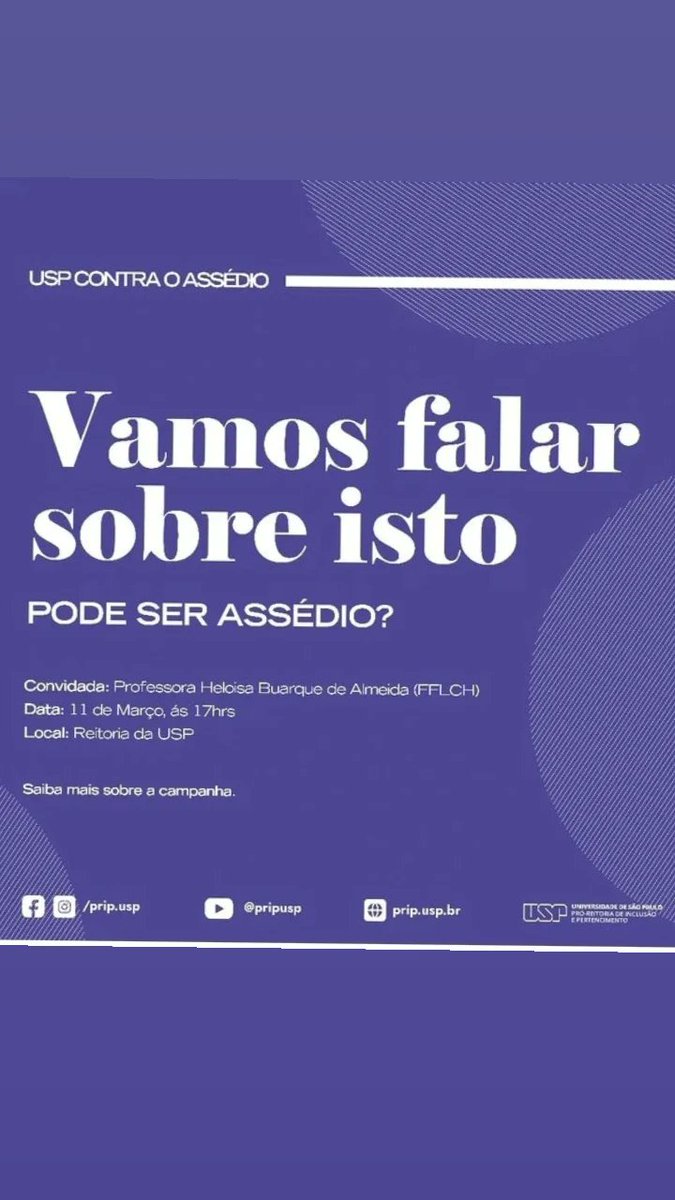 helobuark's tweet photo. “Pode ser assédio?" Profª. Heloisa Buarque de Almeida, 11 de março de 2024, às 17h. Prédio da Reitoria (Rua da Reitoria, 374, térreo, na Cidade Universitária / Butantã) e também haverá possibilidade de participar do encontro de modo virtual por meio de sala do google meet. https://t.co/M5CBpMs3ye