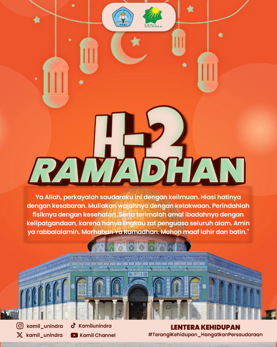 [H-2 RAMADHAN]
Marhaban ya Ramadhan.. ☪️

Tidak banyak kata yang bisa diucapkan, semoga Ramadan tahun ini bisa menjadi pintu rahmat untuk membersihkan jiwa ✨

#puasa
#2harimenujuramadhan
#ramadhan
#ramadankarem
#unindra
#UniversitasIndraprastaPGRI
#kamilunindra