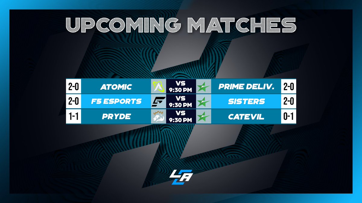 🚨 Tonight's Matches Covered by LCA!🚨 ⚔️ @AtomicGamingUS VS #PrimeDelivery 🎙️ @ParksCasts ⚔️ @F5_HQs VS #SistersOnSalary 🎙️ @Amaster15 ⚔️ @GGPryde VS #CatEvil 🎙️ @cashmmt 🔗: IN REPLIES