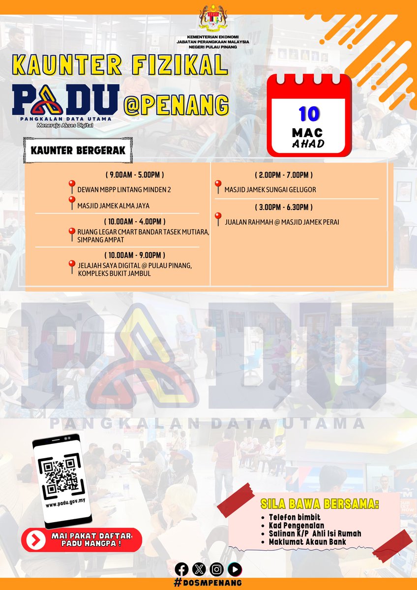 DOSM_Penang's tweet photo. 𝐒𝐄𝐍𝐀𝐑𝐀𝐈 𝐊𝐀𝐔𝐍𝐓𝐄𝐑 𝐏𝐀𝐃𝐔 @ 𝐏𝐄𝐍𝐀𝐍𝐆 📌

[ 10 MAC 2024 | AHAD ]

Sebanyak 35 kaunter fizikal PADU @ PENANG dibuka pada hari ini untuk makluman dan rujukan.

#StatistikNadiKehidupan
#StatistikSegalanyaPasti
#PADUSejahtera https://t.co/Wb5u8AVsyl