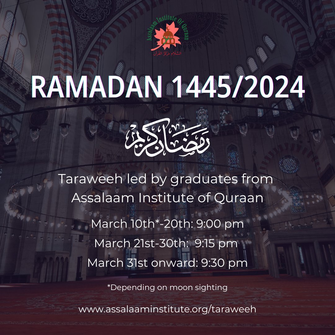 AssalaamIQ's tweet photo. Inshallah we will be having Taraweeh as usual at the Madrasah this year. Isha will be at 9:00 pm starting on Sunday, however Taraweeh will begin depending on when the moon is sighted. https://t.co/h5OOJbOe3b