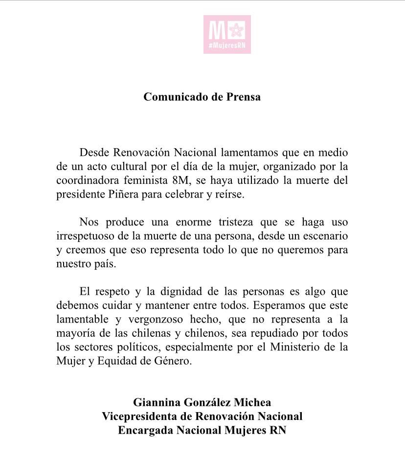 El estamento de Mujeres RN lamenta y rechaza que un acto del día de la mujer se haya utilizado para celebrar y reírse de la muerte del Presidente Sebastián Piñera. Esperamos la condena a este hecho vergonzoso por parte del @MinMujeryEG