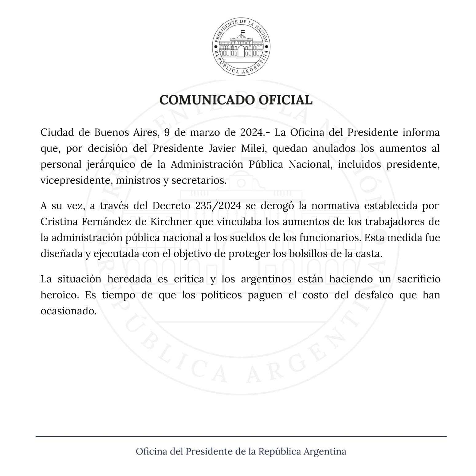 Comunicado ofical de @OPRArgentina