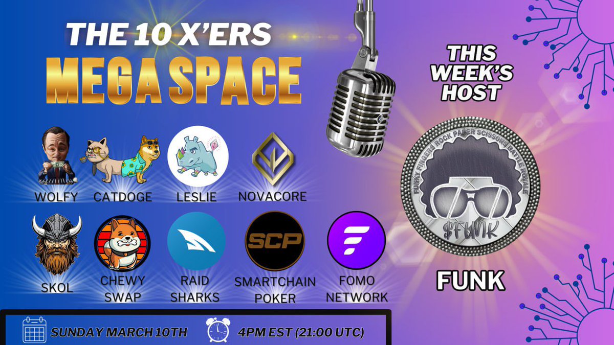 Week 9 and feeling fine, we're all here to have a funky time 🎸

On this episode of The 10 X'ers, we'll be talking about crypto influencers and their impact in this space.

🎙 Set reminders for our upcoming show March 10th at 9pm UTC!

👀x.com/i/spaces/1yoKM…