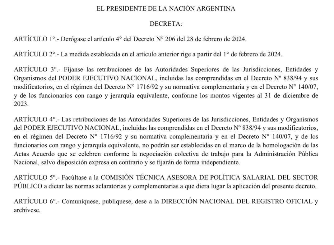 #Ahora Decreto de <a href="/JMilei/">Javier Milei</a> Los sueldos de las autoridades del Ejecutivo vuelven al valor de diciembre 2023.