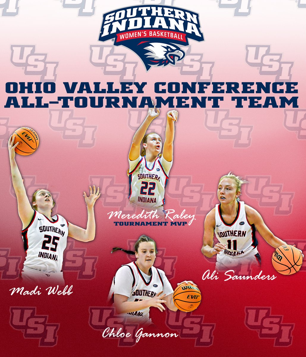 USIAthletics's tweet photo. 𝐎𝐕𝐂 𝐀𝐋𝐋-𝐓𝐎𝐔𝐑𝐍𝐀𝐌𝐄𝐍𝐓 𝐓𝐄𝐀𝐌🏀🦅

Four Screaming Eagles represented @usiwbb on the @OVCSports All-Tournament Team. Madi Webb, Chloe Gannon, and Ali Saunders earned selections alongside tournament MVP Meredith Raley. Congrats to all!

#GoUSIEagles #OVCit https://t.co/7uQ9qYJVBZ