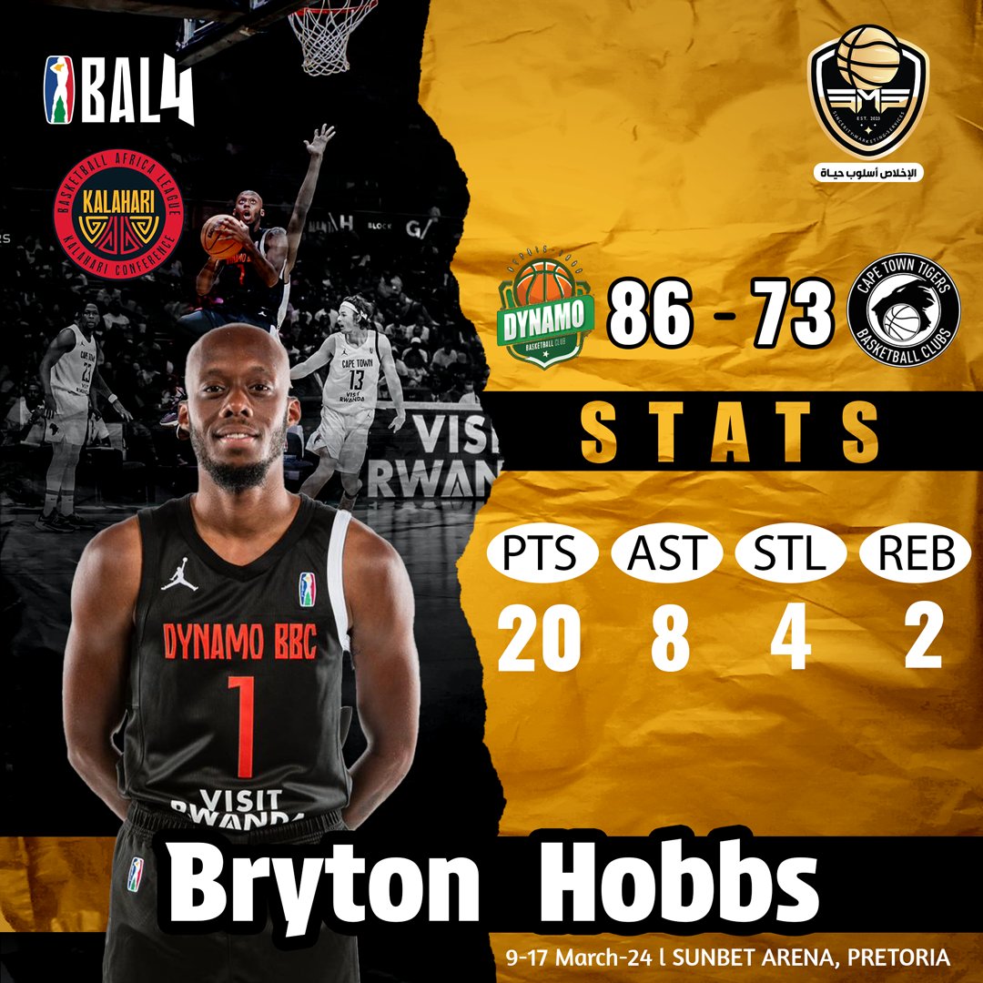 SMS_Egypt's tweet photo. Our Champ Player Bryton Hobbs @iso_hov showed amazing performance with his team Dynamo BBC @DynamoBbc in his 1st appearance in the Basketball Africa League Season 4 (BAL4) @theBAL.

#TheBAL #BasketballAfricaLeague #Burundi #SouthAfrica #NBA    #USA #Champions #Sincerity https://t.co/RXqbJAmTcC