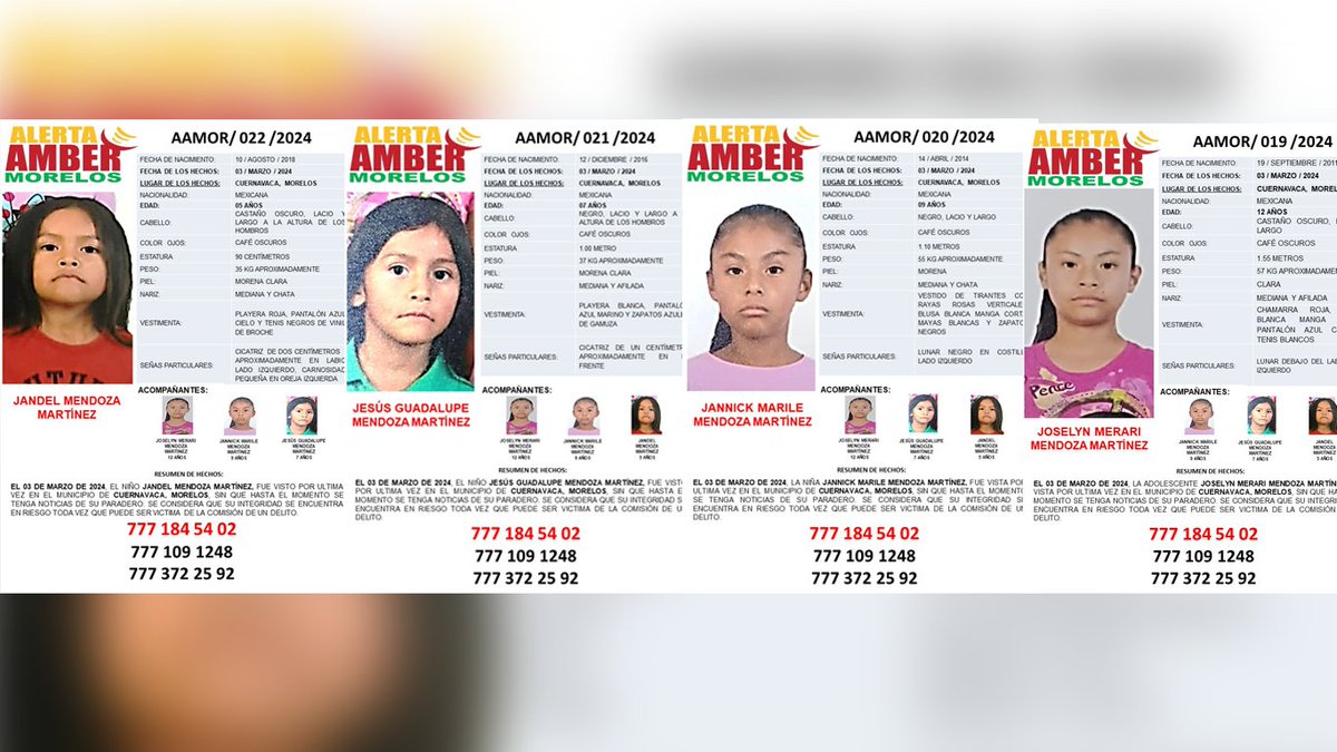 24_morelos's tweet photo. #Comparte #HastaEncontrarte SE ACTIVA ALERTA AMBER POR DESAPARICIÓN DE 4 MENORES EN CUERNAVACA

La tarde de este sábado 9 de marzo, la Fiscalía General del Estado de Morelos, activó la Alerta Amber, por la desaparición de Joselyn Merari Mendoza Martínez, de 12 años de edad, quien desapareció el pasado 3 de marzo, en el municipio de Cuernavaca, en compañía de sus dos hermanos: Jesús Guadalupe y Jandel, así como su hermana Jannick Marile, de 5, 7 y 9 años de edad respectivamente.

Ayúdanos a compartir, tú puedes hacer la diferencia.