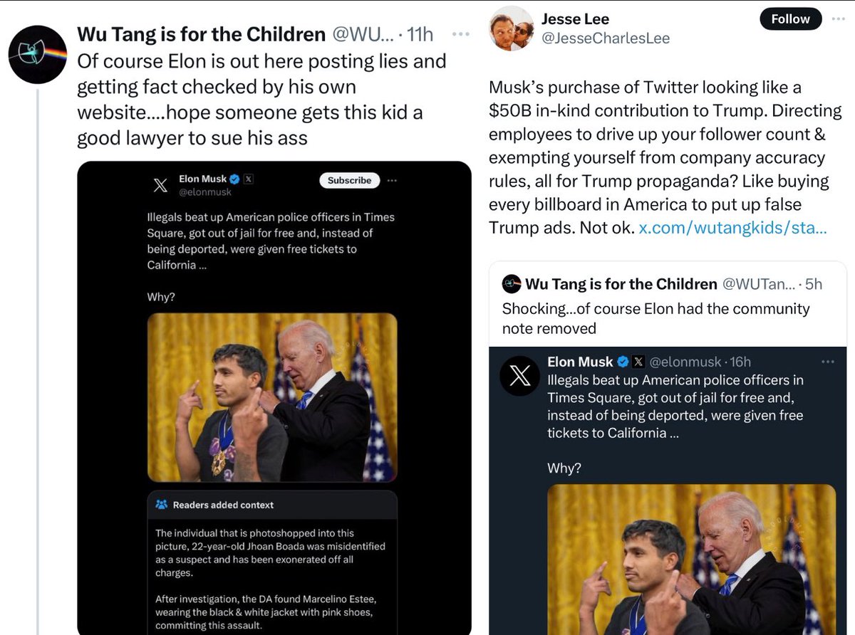 Elon posted a lie about this undocumented man attacking police a full week after it was debunked… used it to attack Biden… got community noted on his own website… then had the note removed, but left up the tweet. 🤔 🤥