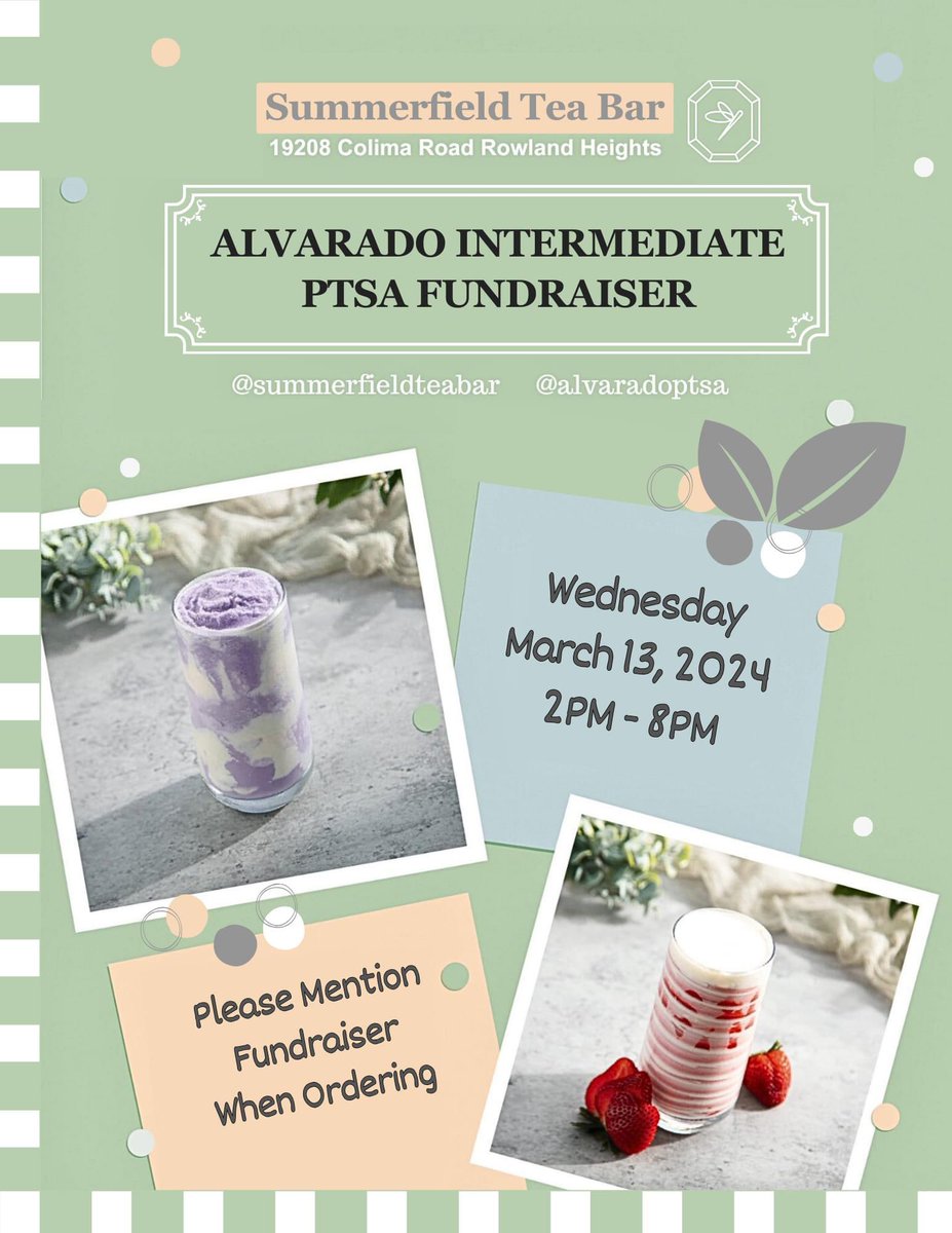 **SAVE THE DATE** Summerfield Tea Bar Restaurant Fundraiser WEDNESDAY, MARCH 13th from 2PM to 8PM. Please remember to mention the Alvarado PTSA Fundraiser. Hope you can swing by! Thank you for your support! #AlvaradoPTSA #stovesonstrike @summerfieldteabar