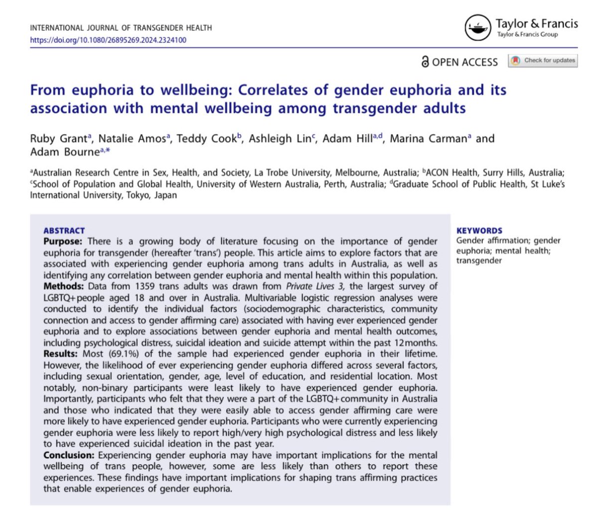 New article from our @LTU_Sex_Health team out now: feeling gender euphoria is associated with better mental health outcomes for trans ppl (surprise surprise!) 🏳️‍⚧️✨🩷 Read in full, open access here: doi.org/10.1080/268952…