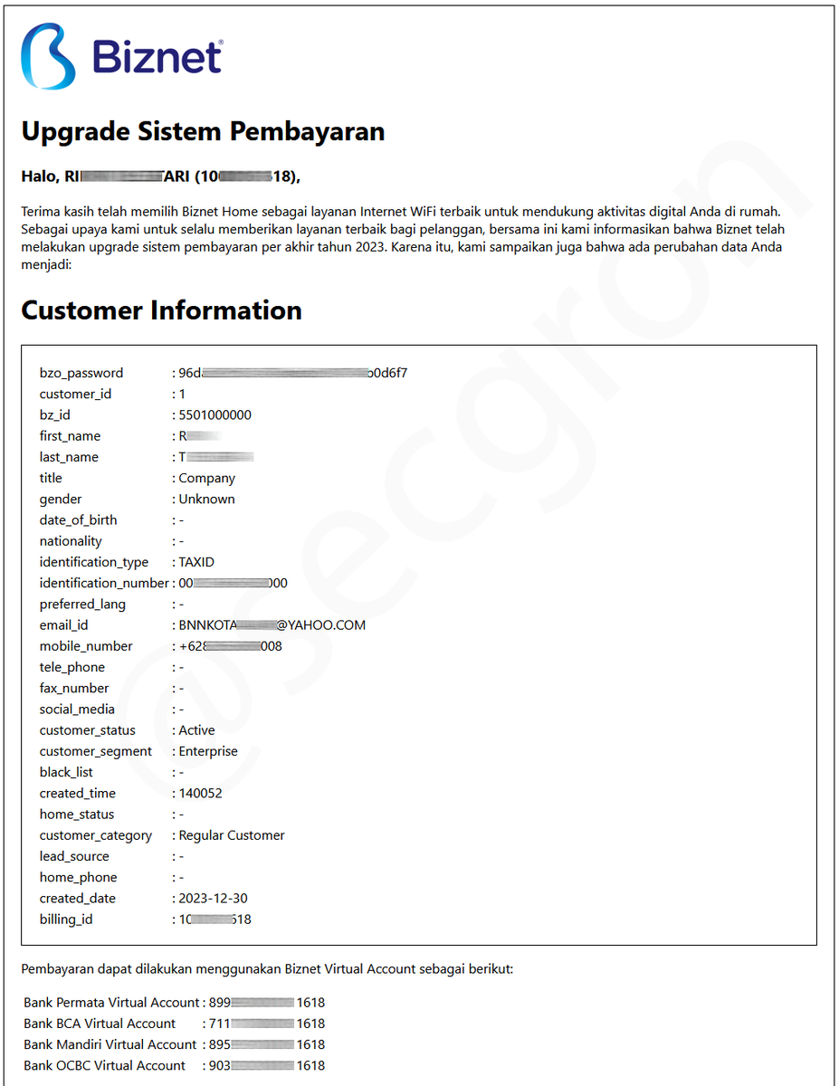 Lebih dari 380 ribu data pengguna layanan Biznet telah dibocorkan di dark web. Data yg bocor: nama, email, NIK, NPWP, nomor HP, alamat dll.

Dibocorkan oleh threat actor yg mengaku sebagai karyawan Biznet yg tak setuju dengan kebijakan FUP yg baru saja diterapkan oleh Biznet.