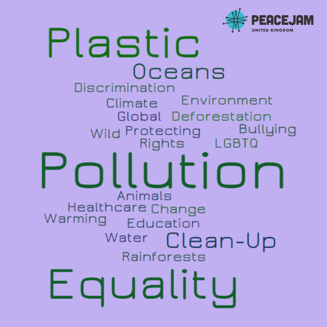 Last week #PeaceJam visited an event on the Isle of Wight to run workshops with 40 students from 4 different schools. Students were asked to identify an area they care about. The answers are below! Students were then found ways to address the root cause of these areas 😍