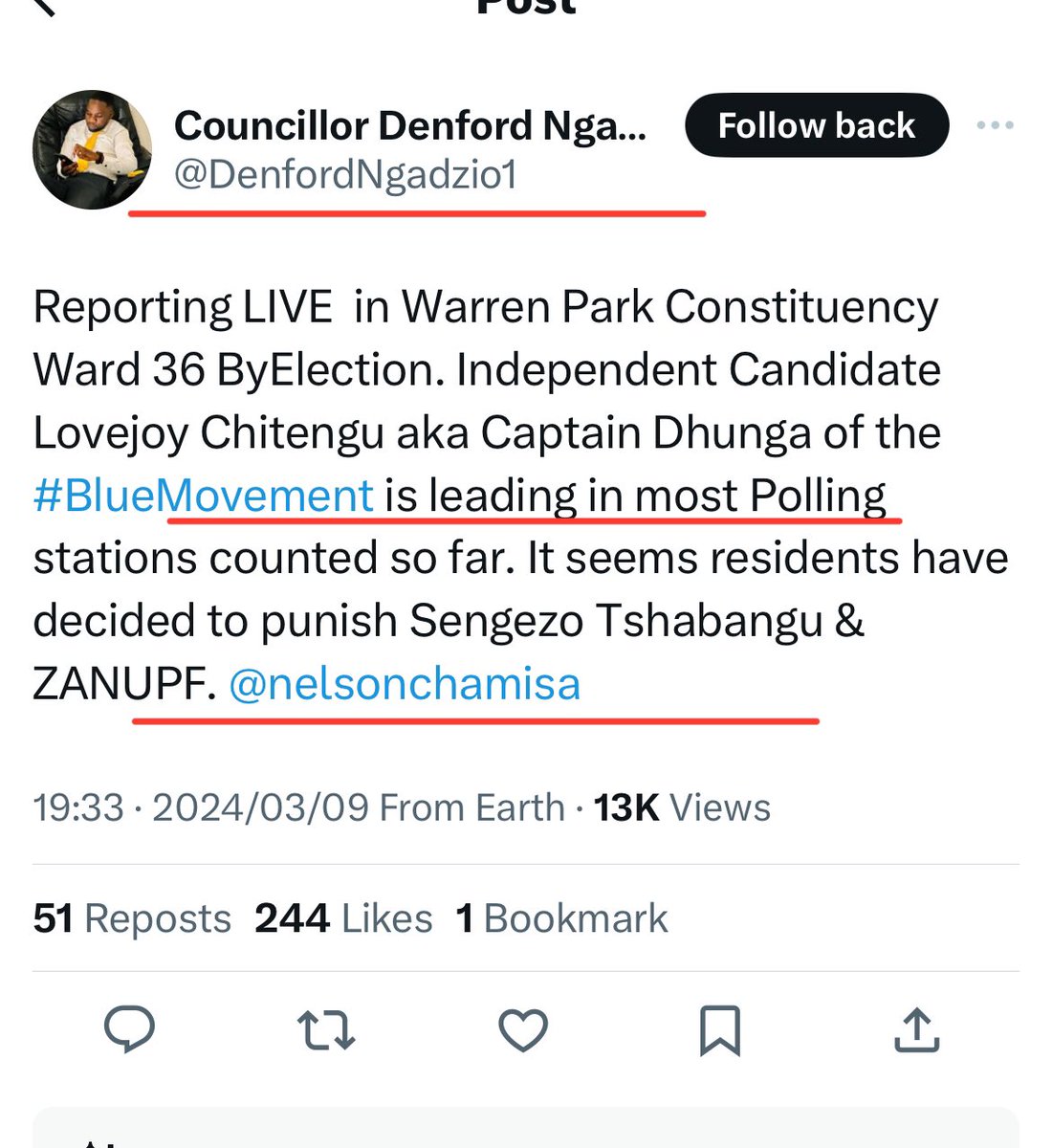 KMutisi's tweet photo. Most people outside Zimbabwe are fed lies that the opposition is BIG… They hype their victories in the urban areas & blame their rural losses on “rigging”….
Now, they are being taught a lesson in the urban areas… #BlueMovement started with a shellacking… Chamisa is finished before he even starts… @DenfordNgadzio1, tough luck bro😅😅