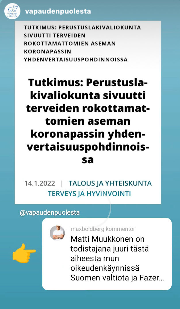 🚨Case: Covidpass - yhdenvertaisuus

Hallintotieteiden tohtori #MattiMuukkonen on yksi todistajista *maailman ainoassa syrjintäpassi oikeudenkäynnissä valtion ylintä johtoa vastaan* 🔥

”Maailman onnellisin kansa” 😎

Ping ja pulla su aamuun😉 ⁦@FazerGroup⁩