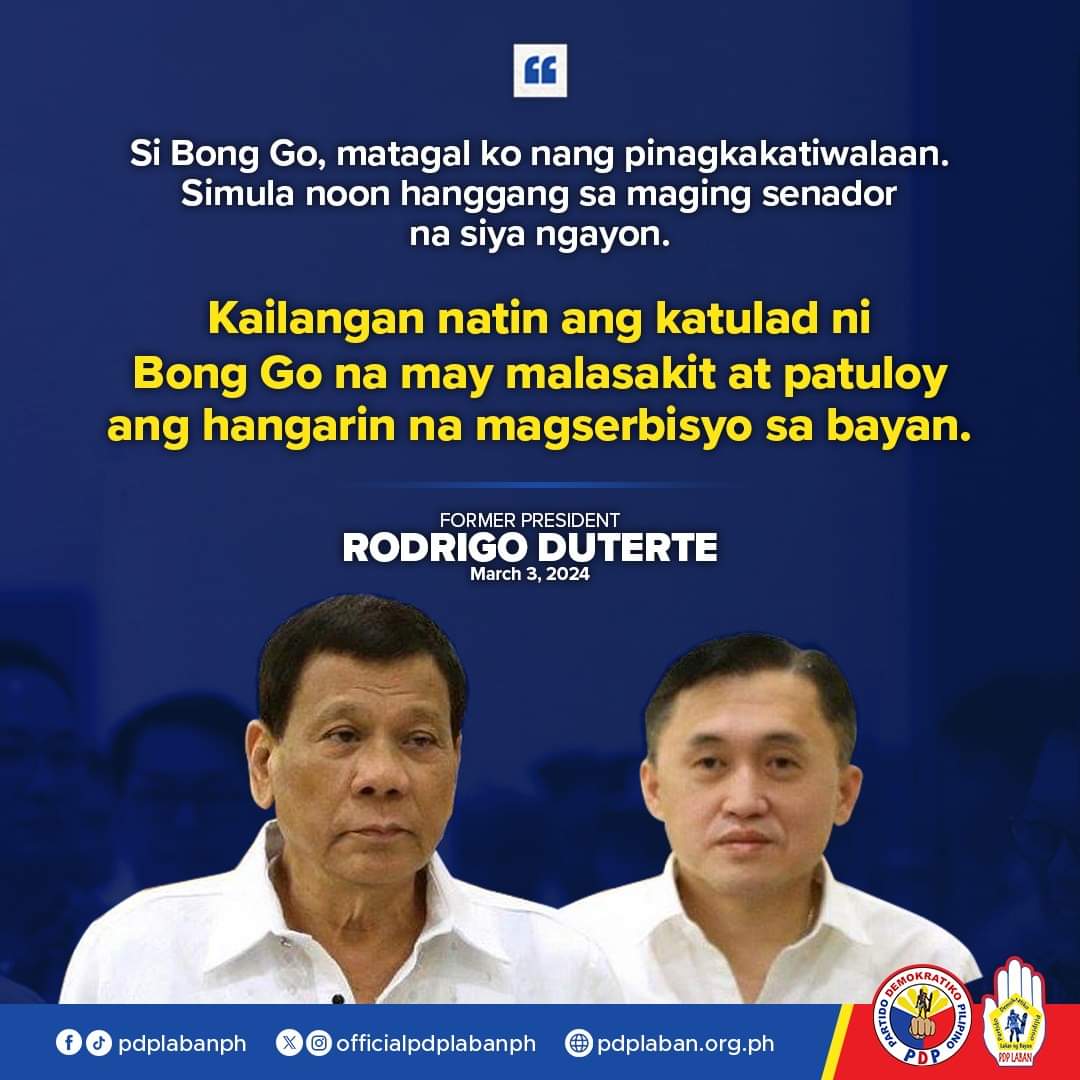 Gerbi_23's tweet photo. Ayon kay dating pangulo at PDP Laban chairman Rodrigo Duterte (Rody Duterte), ang mga katulad ni Senador Bong Go na may tunay na malasakit at magandang hangarin sa kapwa Pilipino ang kailangan ng sambayanan. 👊💪🦅
#DuterteParin
#LabanMaisug
#MrMalasakit
#TuloyAngPagbabago https://t.co/vXknyKwY6k