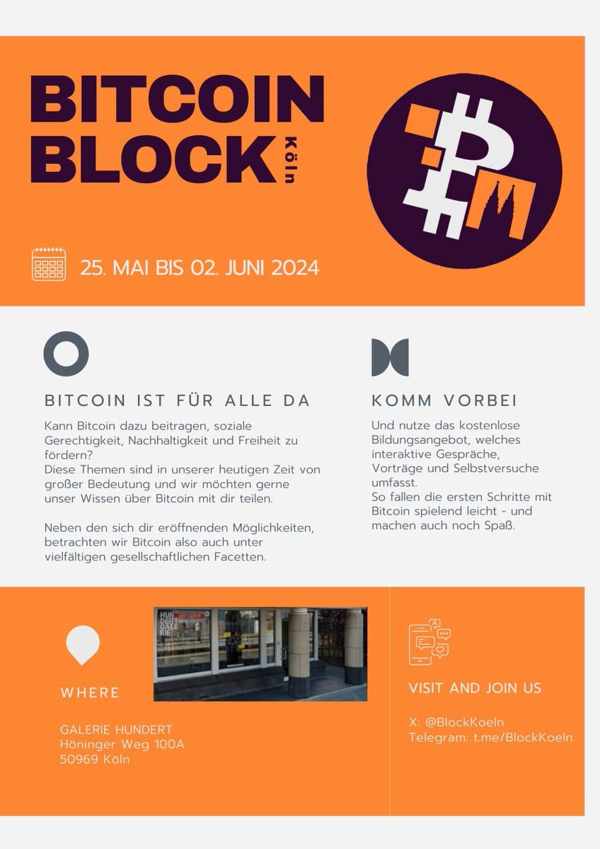 GM, fellow #Plebs! 🤩 👉Make some noise for @BlockKoeln @btctothemall ! Bitte beiden ☝️folgen, 🧡💜liken, 🔄retweeten. 🫶 Vom 25.05 - 02.06.2024 in der #GalerieHundert am Höninger Weg. #bitcoin live erleben 👇