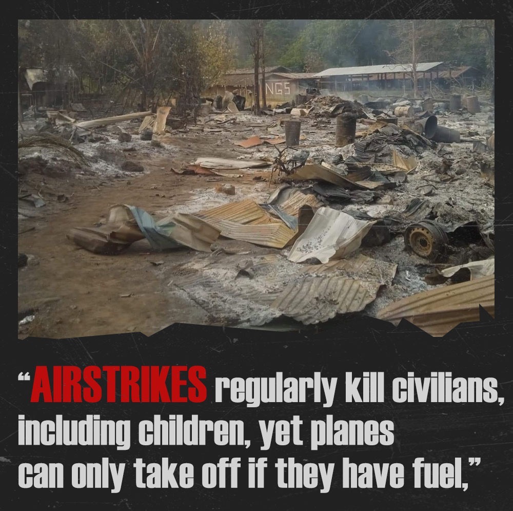 If they can't fly they can't bomb civilians. 
Cutting the Junta's supply of jet fuel is one of the most effective ways to end their indiscriminate bombing of the peoples of Myanmar
Well beyond time for the international community to act
#SanctionAviationFuel 
#BanJetFuelToMyanmar