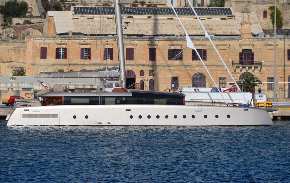 The 46.5m #catamaran #yacht #Artexplorer in #Malta. The yacht was delivered in 2024 by @perininavi and is the world's first museum boat - #yachting #superyacht #Mediterranean