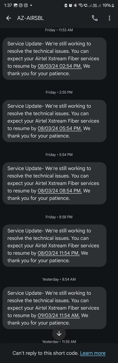 paritoshsonawne's tweet photo. Hello all
Please check highly insufficient @airtelindia @airtelnews 
We are only getting update, no resolution since 3 days and our internet is not working.
Customer is hopeless, they will just repeat the above message and nothing else. 

Think before using Airtel Broadband. https://t.co/51lToFGWQ3