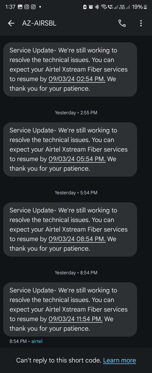 paritoshsonawne's tweet photo. Hello all
Please check highly insufficient @airtelindia @airtelnews 
We are only getting update, no resolution since 3 days and our internet is not working.
Customer is hopeless, they will just repeat the above message and nothing else. 

Think before using Airtel Broadband. https://t.co/51lToFGWQ3
