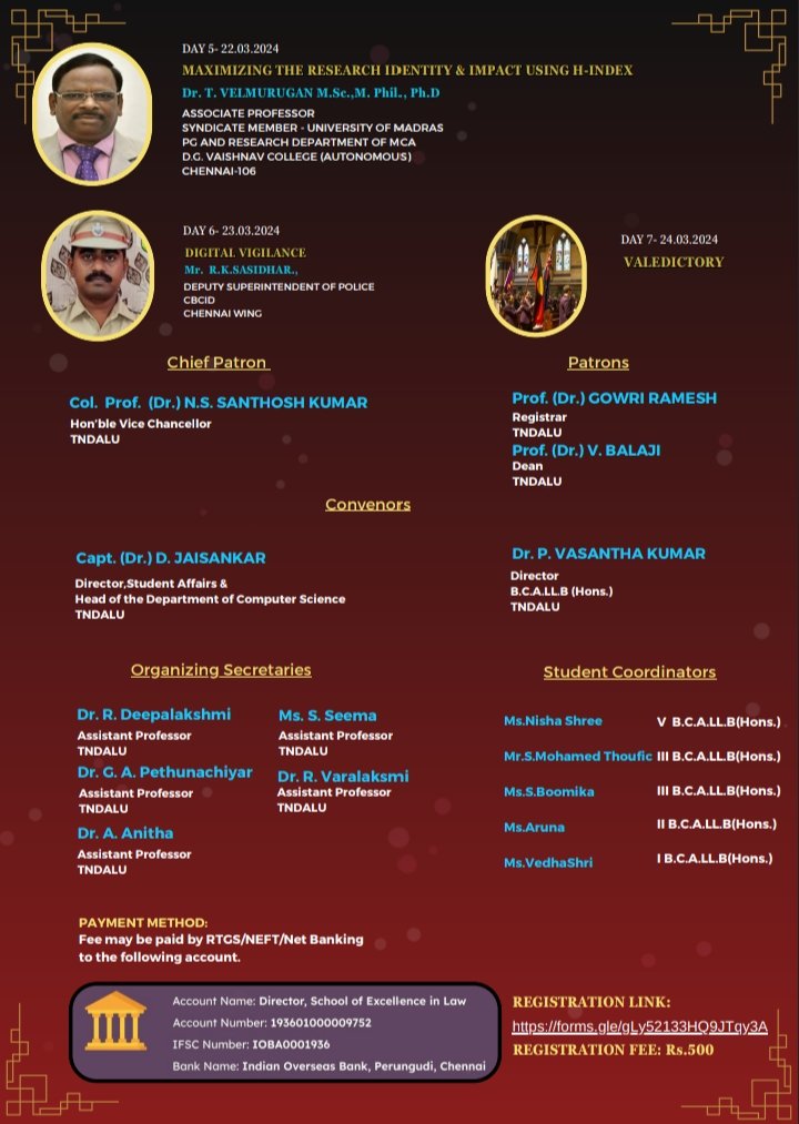 VIRTUAL FDP - CHANGING CONTOURS OF INFORMATION TECHNOLOGY IN LEGAL PERSPECTIVES &amp; TEACHING TECHNIQUES
#tndalu