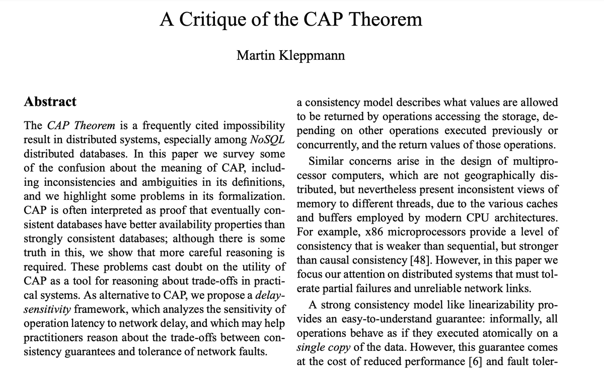 Read for this weekend - 

A critique of the CAP Theorem - arxiv.org/pdf/1509.05393…