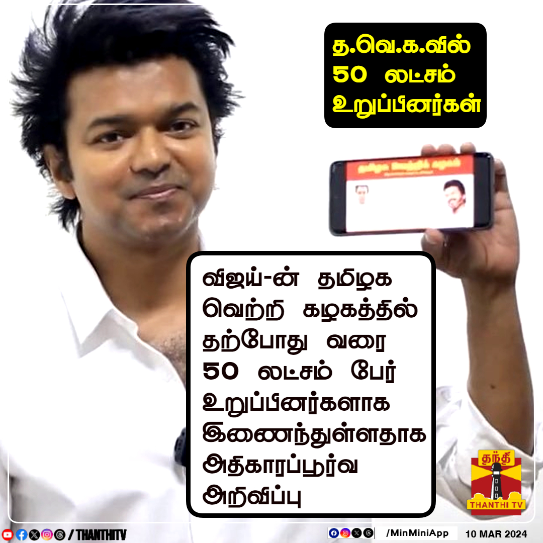 ThanthiTV's tweet photo. விஜய்-ன் தமிழக வெற்றி கழகத்தில் தற்போது வரை 50 லட்சம் பேர் உறுப்பினர்களாக இணைந்துள்ளதாக அதிகாரப்பூர்வ அறிவிப்பு

த.வெ.க புதிய உறுப்பினர் சேர்க்கை கடந்த 8ம் தேதி செயலி மூலம் தொடங்கியது

3 நாட்களில் 50 லட்சம் பேர் உறுப்பினர்களாக இணைந்தனர்

#Vijay #TVKVijay #TVK #TVKMembershipDrive #TVKParty #TVKMembershipAPP
