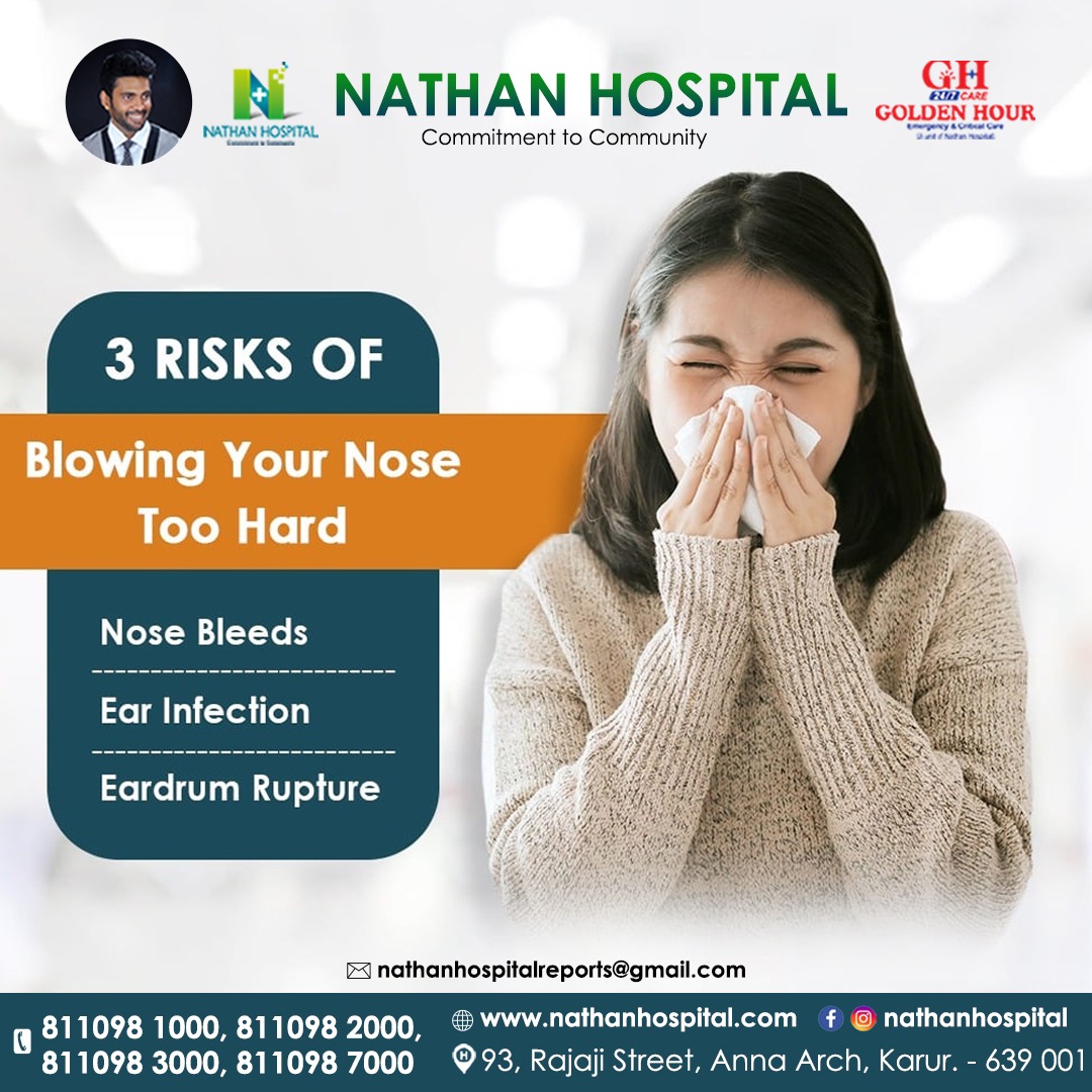 #Nathanhospital #nosetoohard #nosebleeds #earinfection #eardrumrupture #karurnathanhospital #goldenhour #riskfactors #karurkalam #annaarch #commitmenttocommunity #medicaltreatments #emergencytreatmentinkarur #karurbesthospital #karuremergencycare #consultourdoctors #karurbest