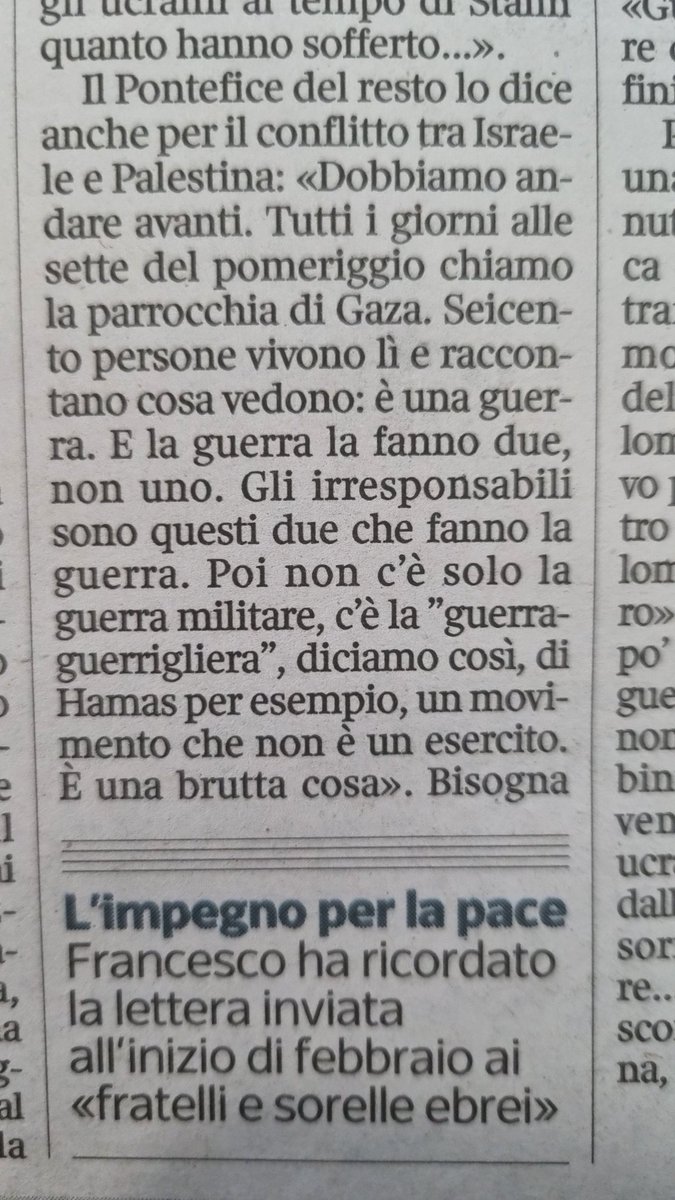 Finalmente parole sagge dal Papa. La guerra si fa in due. E anche a Gaza non esistono i buoni e i cattivi. Esistono due torti, che sommati non faranno mai una ragione, ma restano due torti. #Rassegnati