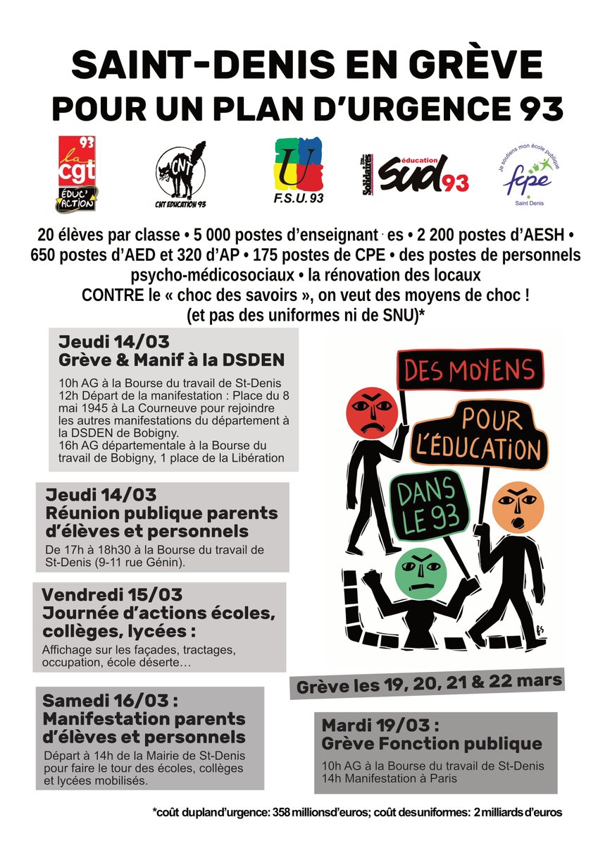 Maud Valegeas (@maudvalegeas) on Twitter photo 📢 Les rendez-vous de la semaine sur Saint-Denis sont sortis !
Et on commence à 11h ce matin pour distribuer ce tract au marché de Saint-Denis ⏰
#planDurgence93
<a href="/SudEducation93/">Sud Éducation 93</a> <a href="/snesfsu93/">SNES-FSU 93</a> <a href="/SNUipp_FSU93/">FSU-SNUipp 93</a> <a href="/CGTeducaction93/">CGT Educ'action 93</a> <a href="/FcpeSaintDenis/">FCPE Saint Denis</a> 📢 Les rendez-vous de la semaine sur Saint-Denis sont sortis !
Et on commence à 11h ce matin pour distribuer ce tract au marché de Saint-Denis ⏰
#planDurgence93
<a href="/SudEducation93/">Sud Éducation 93</a> <a href="/snesfsu93/">SNES-FSU 93</a> <a href="/SNUipp_FSU93/">FSU-SNUipp 93</a> <a href="/CGTeducaction93/">CGT Educ'action 93</a> <a href="/FcpeSaintDenis/">FCPE Saint Denis</a>