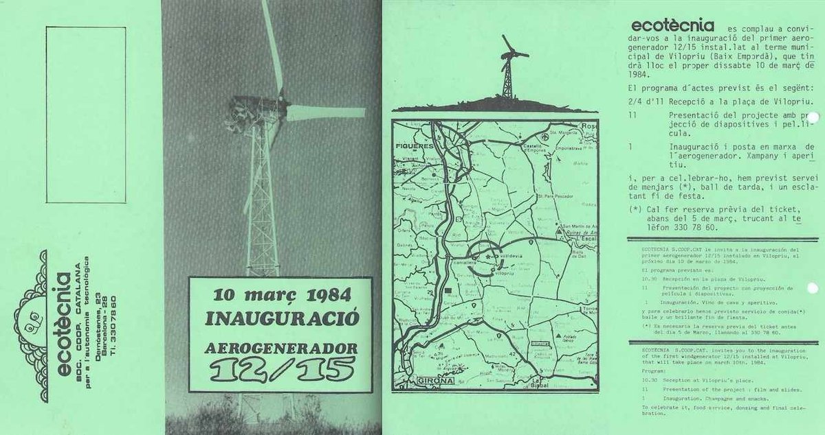1/14 Avui, 10 març fa ja 40 anys que es va celebrar la posada en funcionament de l’aerogenerador #Ecotècnia 12/15. Era el naixement de la tecnologia eòlica moderna a Catalunya. Va ser una festa amb centenars de persones.