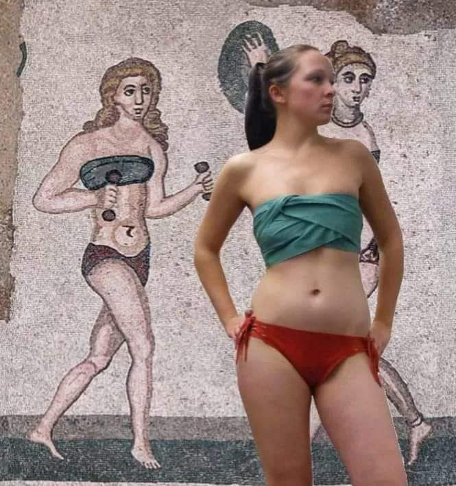 archeohistories's tweet photo. Reconstruction of an ancient Roman bikini on basis of a mosaic from Villa Romana del Casale in Sicily, Italy :

Deep in the Sicilian countryside, a grand Roman villa from the early 4th Century AD, offers a glimpse into the luxury of Late Antiquity through colorful mosaics and frescoes that cover the grounds of some of Italy's best-preserved works of art. Although its origins are shrouded in mystery, Villa Romana del Casale is a historical guide to the lives of its aristocratic owners, their passion for ostentatious beauty, and the elite tastes of the High Empire. Some rooms of the villa are decorated with less formal decorations and more playful mosaics depicting scenes from mythological tales, hunting expeditions, athletic competitions, and other pastimes the owner probably enjoyed.

Around 1960, “Gymnasts' Room” also known as "Ten Young Girls" was excavated and an elaborate mosaic of female athletes in magnificent condition was uncovered. These women are depicted running, lifting weights, and participating in various Olympic sports and receiving awards; wearing bikinis that closely resemble modern swimsuits or bikinis, giving scholars insight into the athletic fashions of the period. At the same time, myth incorrectly entrenched in school textbooks, bikini as an invention of 20th Century CE, collapses.

#archaeohistories