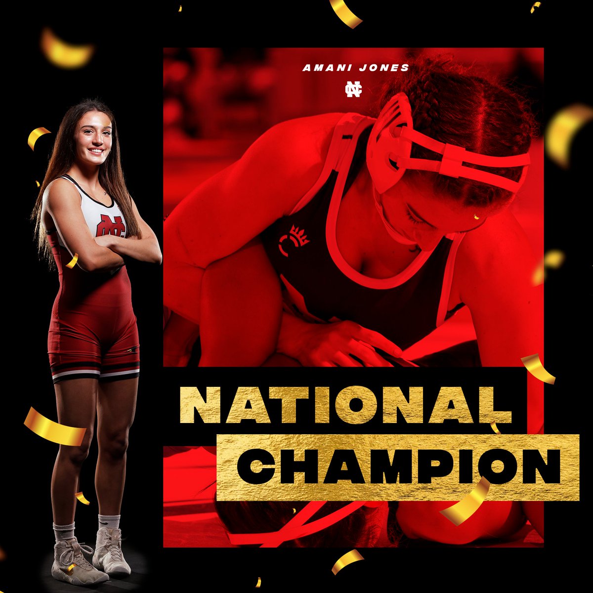 Amani Jones is the NCWWC National Champion for the 123-pound weight class. Jones defeated Virginia Foard of King University with a thrilling 3-1 decision in the championship match. @NCCwomensWR | #WeAreNC #FearTheBird #SHAPOWIE