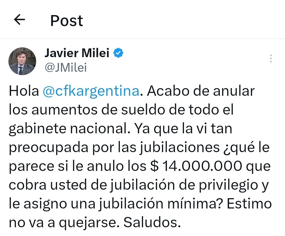 🇦🇷 | Tras el cruce con Cristina Kirchner por la suba de sueldos automática que había dejado su gobierno, el Presidente Javier Milei (<a href="/JMilei/">Javier Milei</a>) sacó un decreto en tiempo récord un sábado para derogar los aumentos y advirtió: "¿qué le parece si le anulo los $14.000.000 que cobra