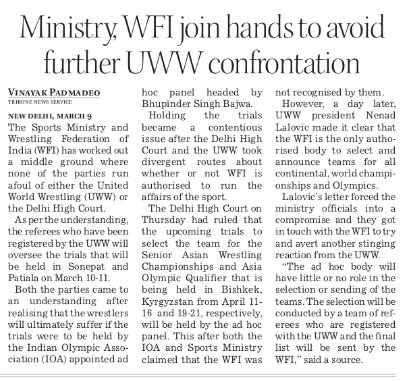 Sports ministry has buckled after UWW @wrestling made it clear that only #WFI can select teams. Fearing further trouble, the ministry has yielded all roles to WFI selected referees in today's and tomorrow's trial. The team will be sent by WFI. Link👇 tribuneindia.com/news/sports/mi…